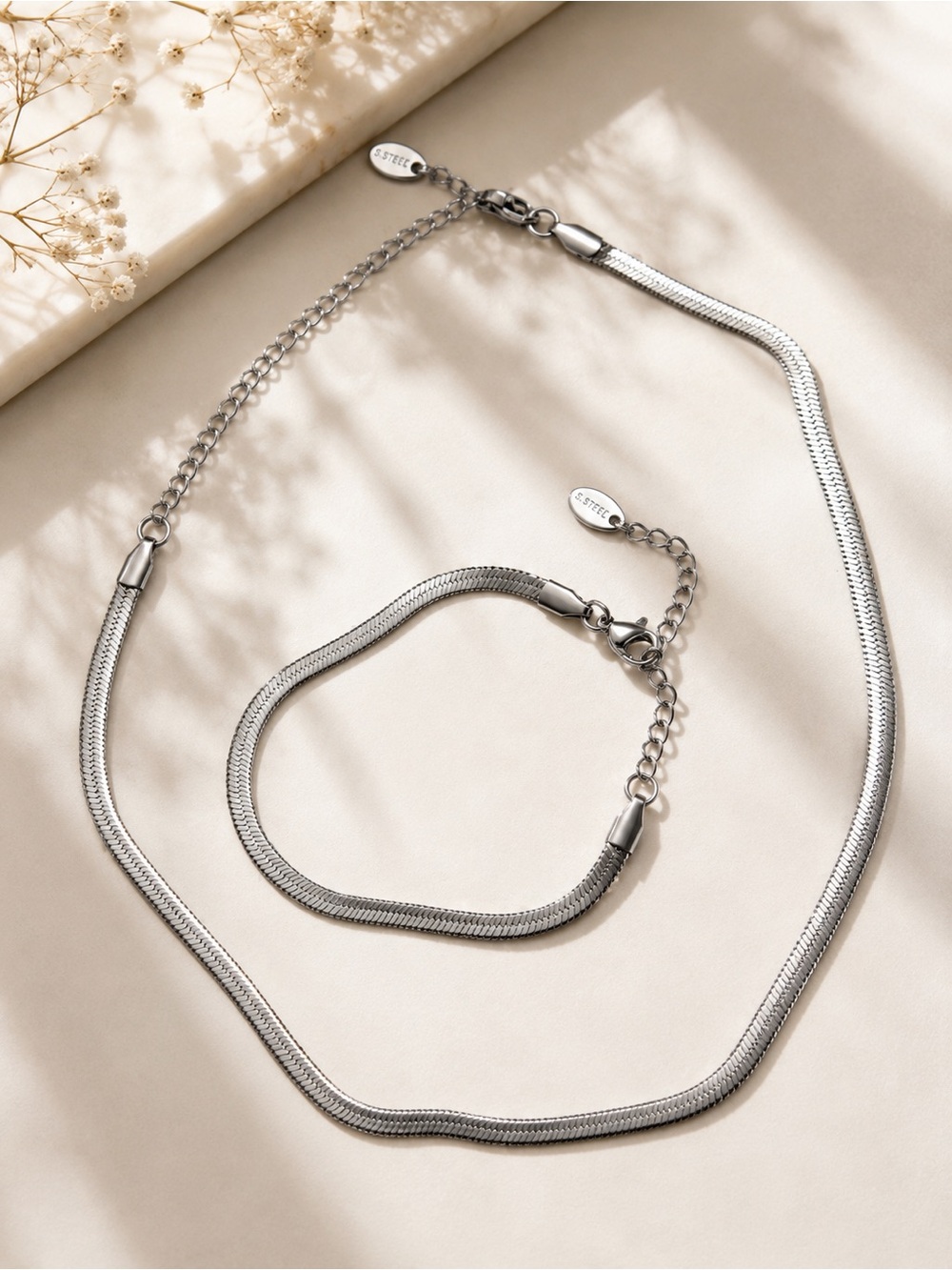 Stainless Steel Herringbone Necklace & Bracelet Set